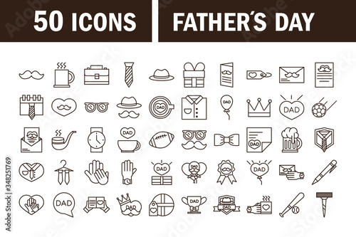 happy fathers day, celebration accessories message decoration party icon set line style icon