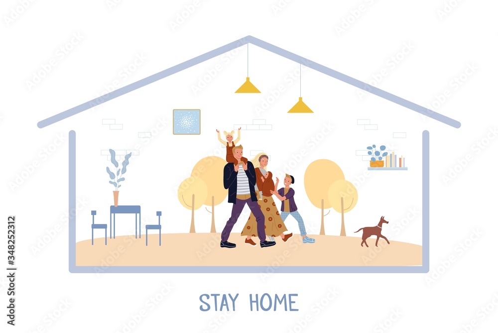 Happy family stay home. Self-isolation on quarantine. Health care protection. Mother, father, children in abstract house frame. Decrease infection risk. Global viral epidemic coronavirus pandemic Happy family stay home. Self-isolation on quarantine. Health care protection. Mother, father, children in abstract house frame. Decrease infection risk. Global viral epidemic coronavirus pandemic
