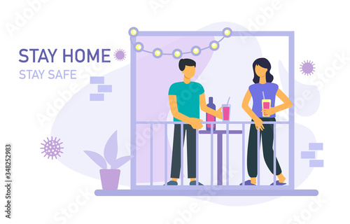 Stay home banner template. Woman and man with glasses wine, houseplant, balcony, garland. Birthday party. Health care concept. Global viral epidemic or pandemic. Flat vector illustration