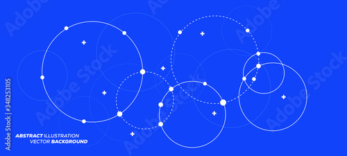 Abstract vector illustration with overlapping circles, dots and dashed circles. Science and connection concept. Wide molecule structure background. Can be used for web design, banner or presentation.