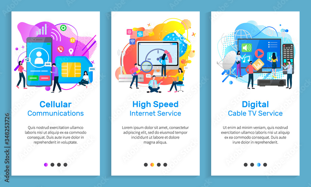 Cable TV vector, cellular communication, high speed internet service for clients, people with gadgets and devices, screens and monitors set. Website or slider app, landing page flat style