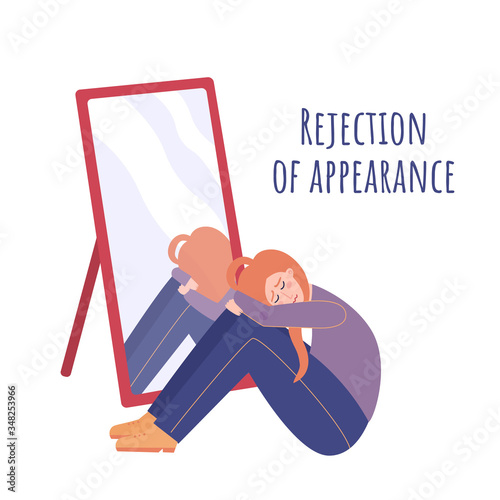 Teenage problem concept. Rejection of appearance. Girl sitting and crying near the mirror. She is unhappy with her appearance.  Vector flat cartoon illustration