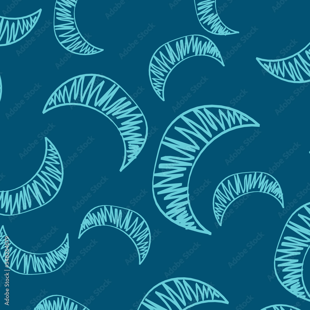 Obraz premium The seamless pattern of manually drawn crescents. The blue crescent is chaotically scattered across the blue field to form a beautiful pattern for children's room wallpaper or wrapping paper.