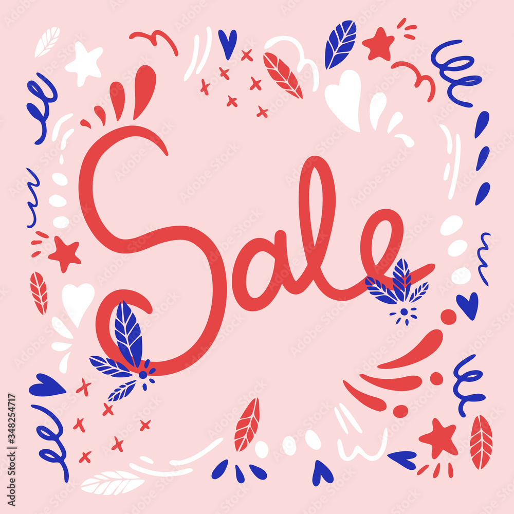 Sale banner in bright colors. Lettering with different elements.