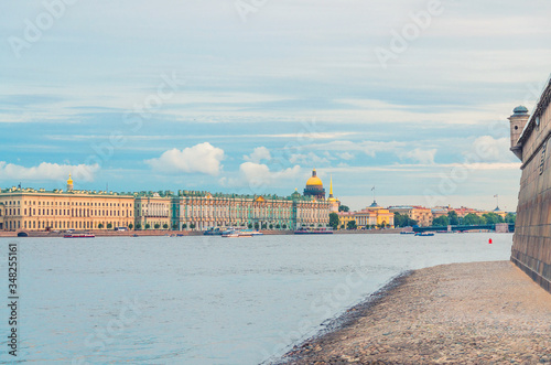 Cityscape of Saint Petersburg Leningrad with Winter Palace, State Hermitage Museum, Admiralty building, defense wall of Peter and Paul Fortress citadel on Zayachy Hare Island, Neva river, Russia