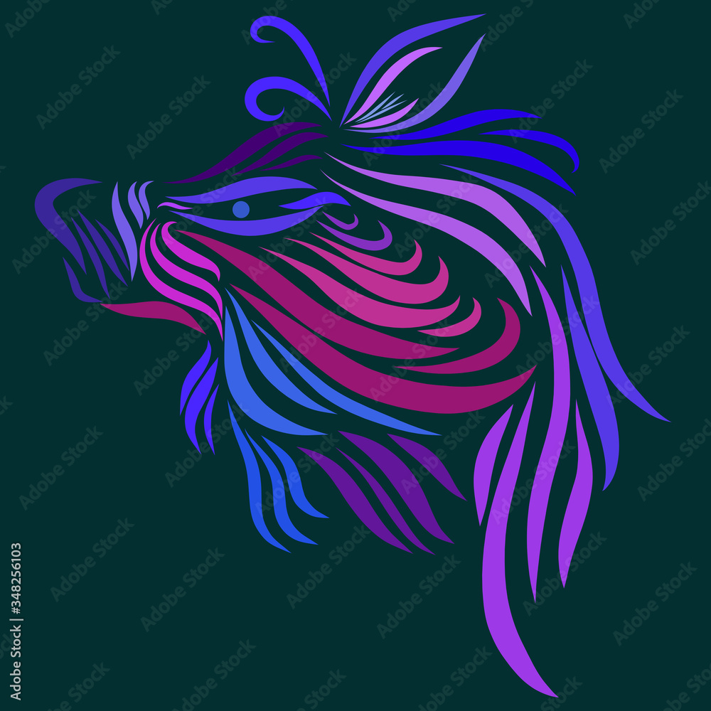Naklejka premium Abstract head of a predatory tribal wild fairytale Substance fantasy animal lilac and pink flowers on a turquoise background with curly lines tattoo
