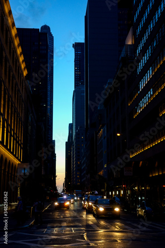 Photography New york with sunset in the street with car headlight