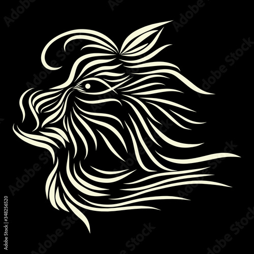 abstract shaggy muzzle of a tribal wild fairy tale creature fantasy animal of white flowers on a black background with elegant tattoo lines