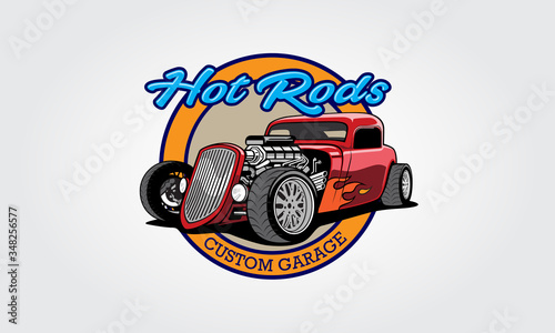 Hot Rods Custom Garage Vector Logo Template. Vector logo design with illustration of hot rods.