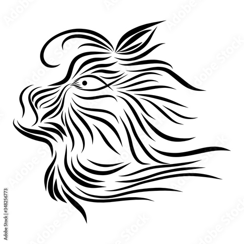 abstract shaggy muzzle of a tribal wild predatory fairytale creature fantasy black animal on a white background with elegant tattoo lines