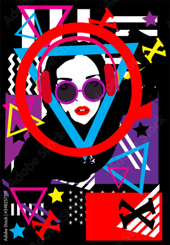 Girl in space with sunglasses and headphones  music background