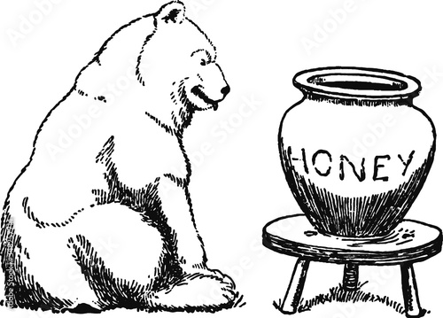 Bear with Honey Jar, Vector Drawing of a 19th century engraving