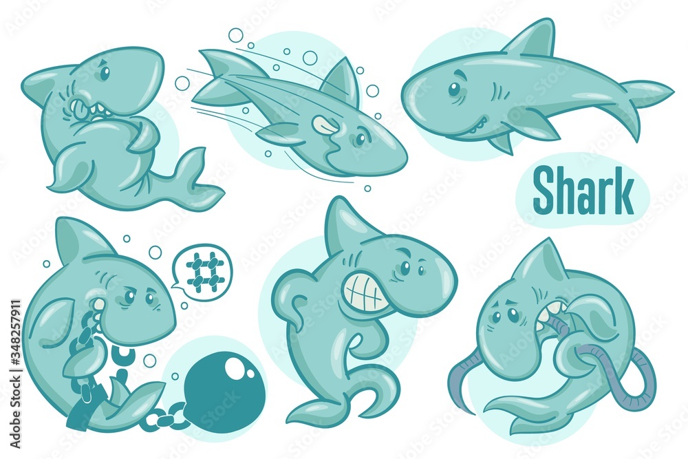 Set of hand drawn cartoon sharks. Sea life illustration. Vector.