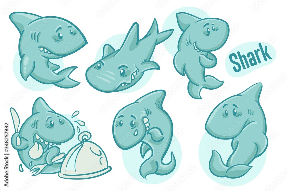 Set of hand drawn cartoon sharks. Sea life illustration. Vector. Set of hand drawn cartoon sharks. Sea life illustration. Vector.