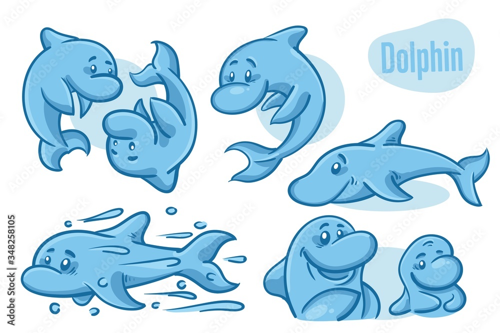 Set of hand drawn cartoon dolphins. Sea life illustration. Vector. Set of hand drawn cartoon dolphins. Sea life illustration. Vector.
