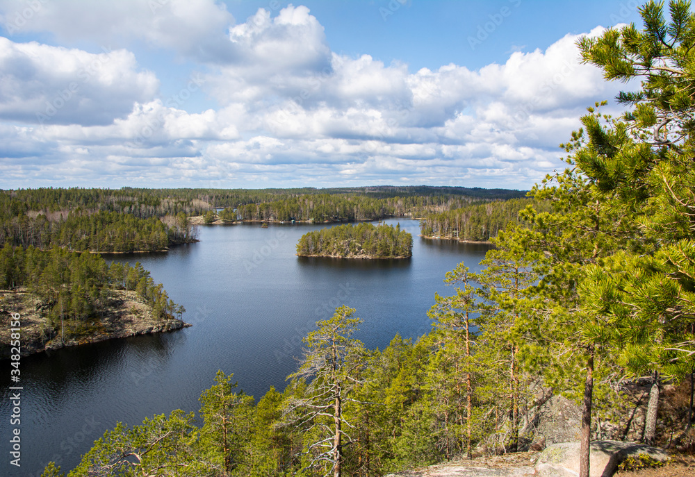 View of The Repovesi National Park from Katajavuori Hill, lake and rocks, Kouvola, Finland