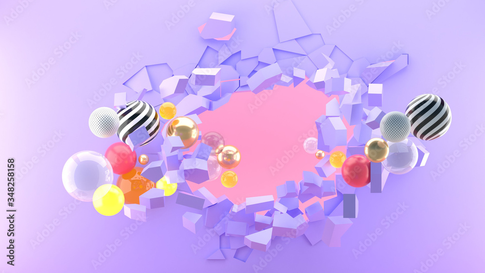 Fototapeta premium The wall collapses with many colorful balls on the pink background.-3d rendering.