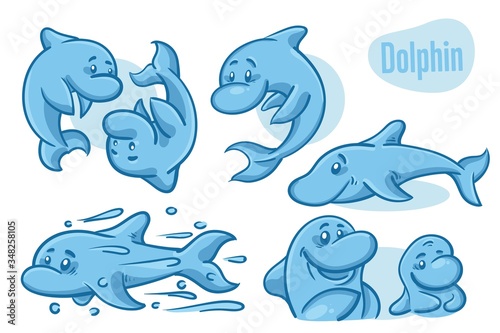 Set of hand drawn cartoon dolphins. Sea life illustration. Vector.