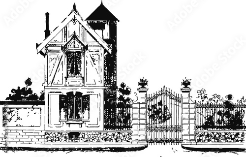 Old Church and gate, Vector Drawing of a 19th century engraving