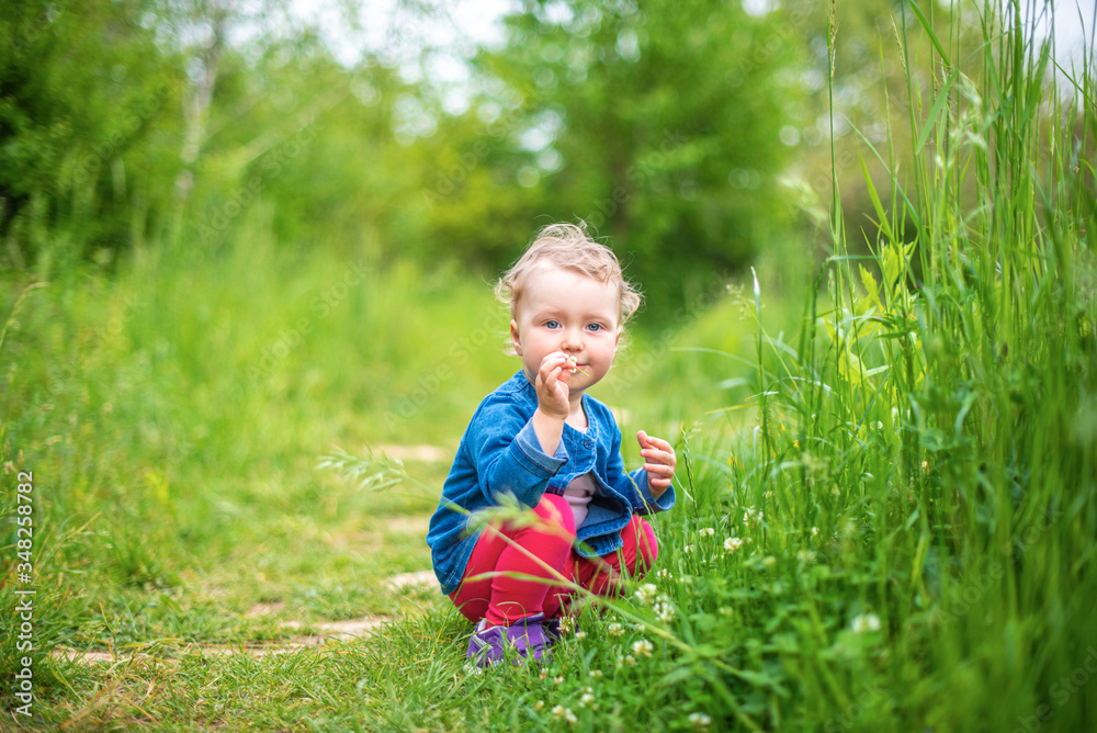 Little girl plays on nature against the background of spring greenery. Little girl plays on nature against the background of spring greenery.