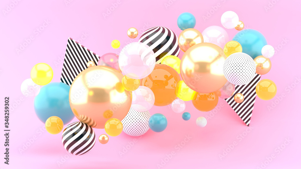 Golden balls and colorful balls floating on a pink background.-3d rendering.