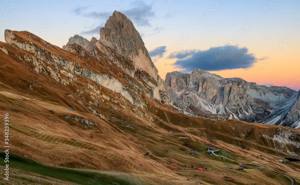 Amazing view on Seceda peak at sunset. Trentino Alto Adige, Dolomites Alps, South Tyrol, Italy, Europe. Odle mountain gtoup, Val Gardena.