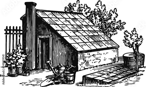 old green house, Vector Sketch of a 19th century engraving