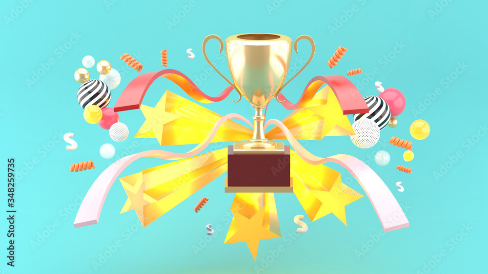 Champion cup amidst ribbons and stars on a blue background.-3d rendering. Champion cup amidst ribbons and stars on a blue background.-3d rendering.