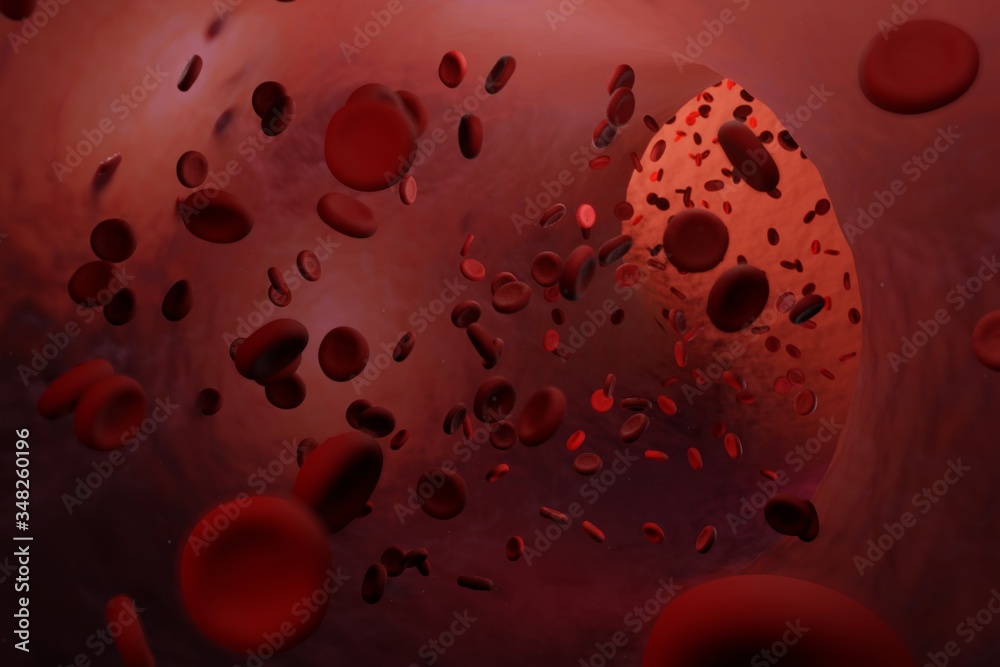 Blood cells floating through human body / blood vessels, microscopic