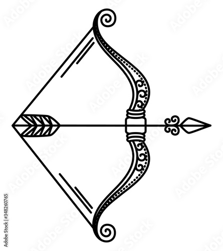 Ninth astrological sign, sagittarius associated with constellation. Zodiac represented by symbol of bow and arrow. Contour drawing on white background. Vector illustration of asterism in flat style
