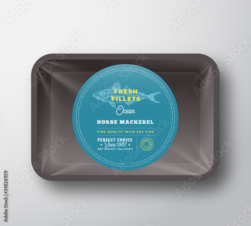 Ocean Horse Mackerel Fillets. Abstract Vector Plastic Tray with Cellophane Cover Packaging Design Round Label or Sticker. Retro Typography and Hand Drawn Fish Silhouette Background Layout.