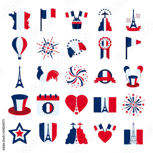 france map and bastille day icon set, flat style