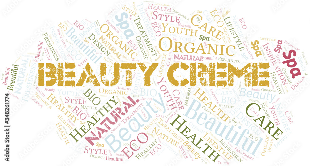 Beauty Creme word cloud collage made with text only.
