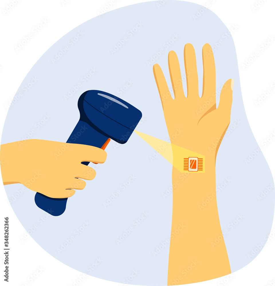 Chipping people. Chip in a man's hand. Microchip scanning. Vector illustration