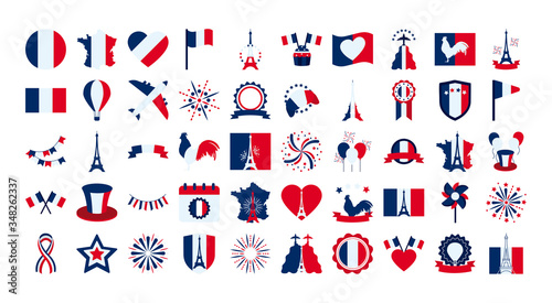 bastille day icon set, flat style