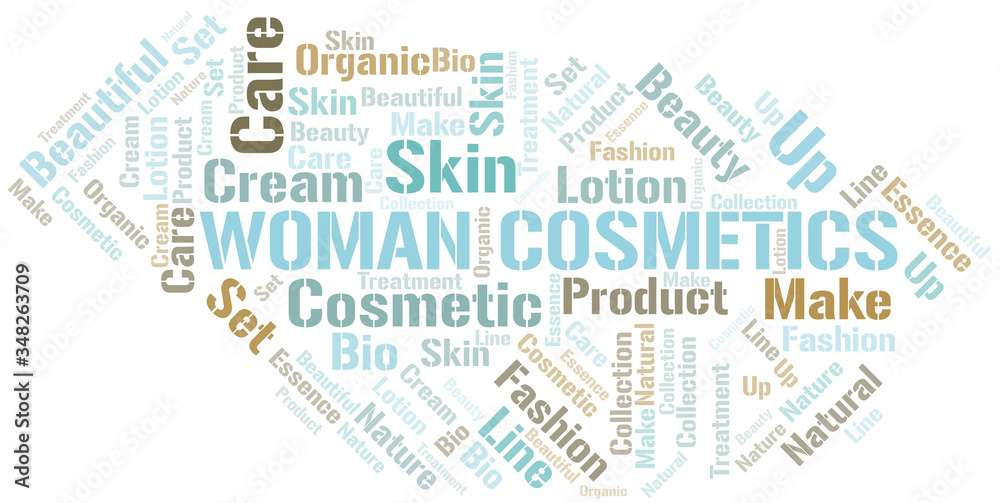 Woman Cosmetics word cloud collage made with text only.