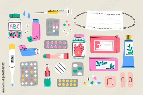 Various Medical equipment: Drugs, pills, capsules, inhaler, tube, spray, mask, patch, syringe, bottles . Medicine, pharmacy, hospital, drug store concept. Hand drawn Vector set. Isolated illustrations