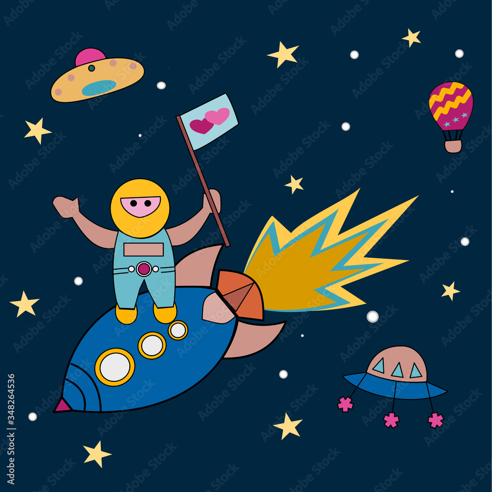Naklejka premium A astronaut stand on rocket and in hand hold the love flag on space background.
