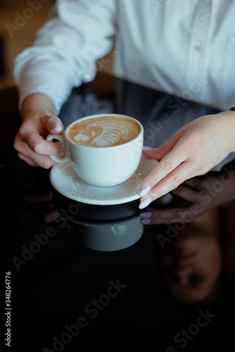 Coffee drink table hands skin cappuccino latte black background breakfast coffee time break cafe paint draw 