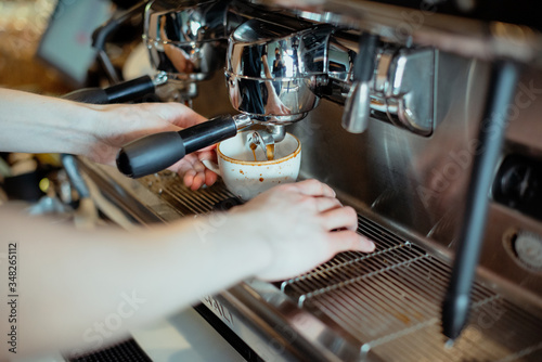 Coffee prepare barista hands cappuccino latte sink coffee machine cafe coffee time breakfast 