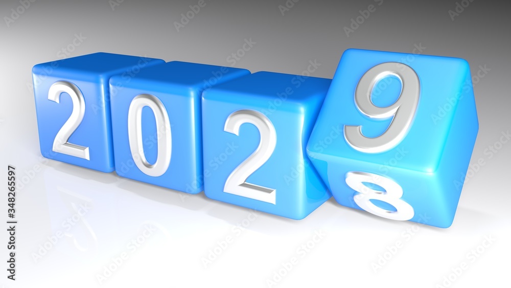 2028 to 2029 blue cubes with turning number - 3D rendering illustration 2028 to 2029 blue cubes with turning number - 3D rendering illustration