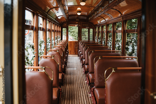 photo of an old wedding tram with flowers