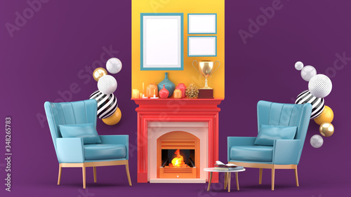 Frame on the fireplace surrounded by Armchair on a purple background.-3d rendering..