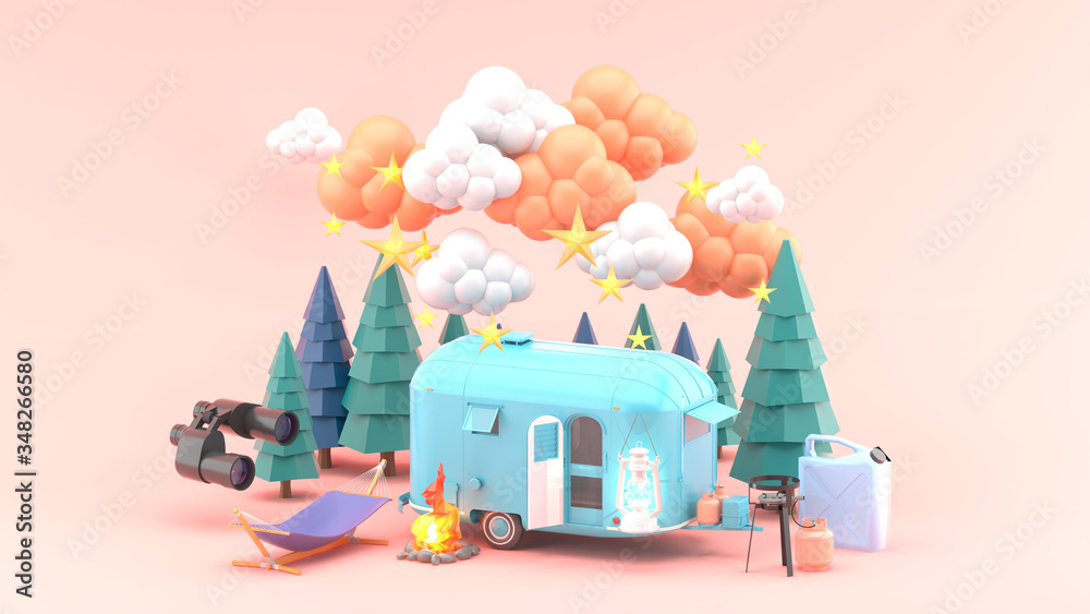 Motorhome camping surrounded by pine trees on a pink background.-3d rendering.. Motorhome camping surrounded by pine trees on a pink background.-3d rendering..