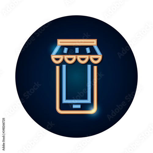 shopping online, smartphone with store tent icon, neon style