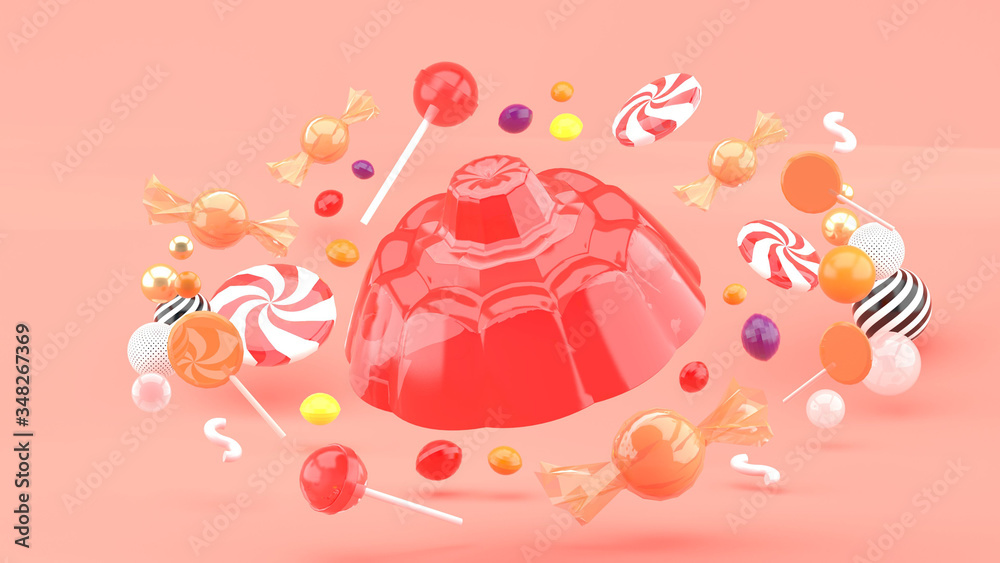 Naklejka premium Jelly is surrounded by candy and colorful balls on a pink background.-3d rendering..