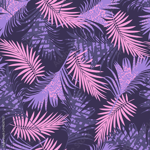 Trend colors summer seamless pattern with tropical pink black plants on a menthol background. Floral  Hawaii print.  Creative abstract background. Jungle Exotic wallpaper.