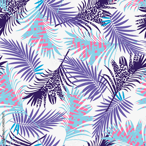Turquoise purple pink summer seamless pattern with tropical pink black plants on a menthol background. Creative abstract background.  Floral  Hawaii print.  Jungle Exotic wallpaper.