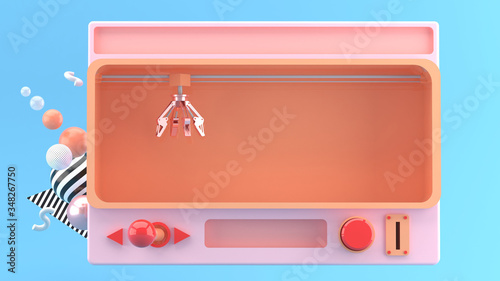 Crane Claw Machine Games Isolated on blue background, 3D rendering