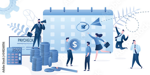 Boss pay salaries to employees. Payday calendar, calculator, paycheck and businessman use loudspeaker.